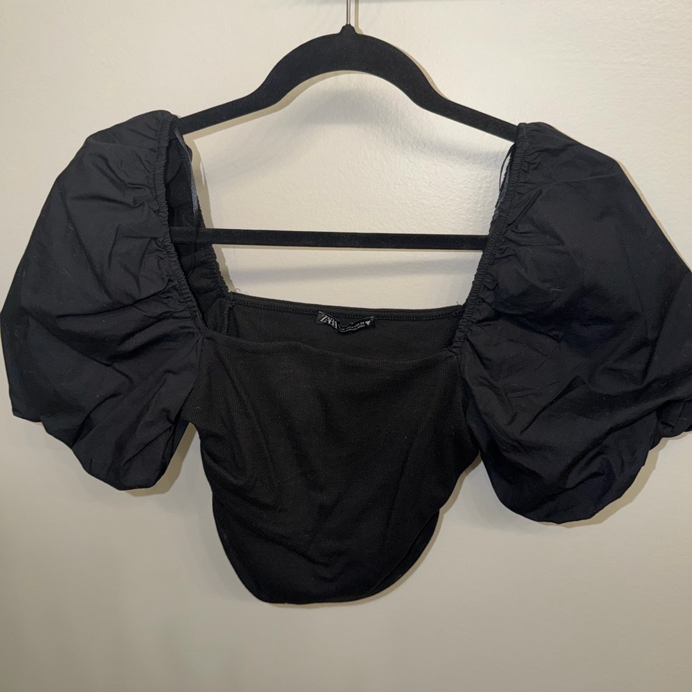 Zara Black Puff Sleeve Crop Blouse